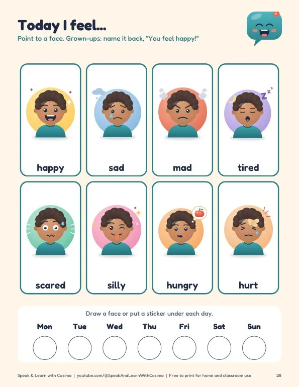 Today I feel chart with eight feelings faces and a weekly tracker