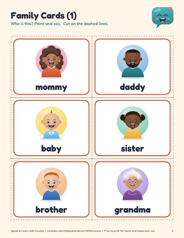 Family flashcards page with mommy, daddy, baby, sister, brother, and grandma cards